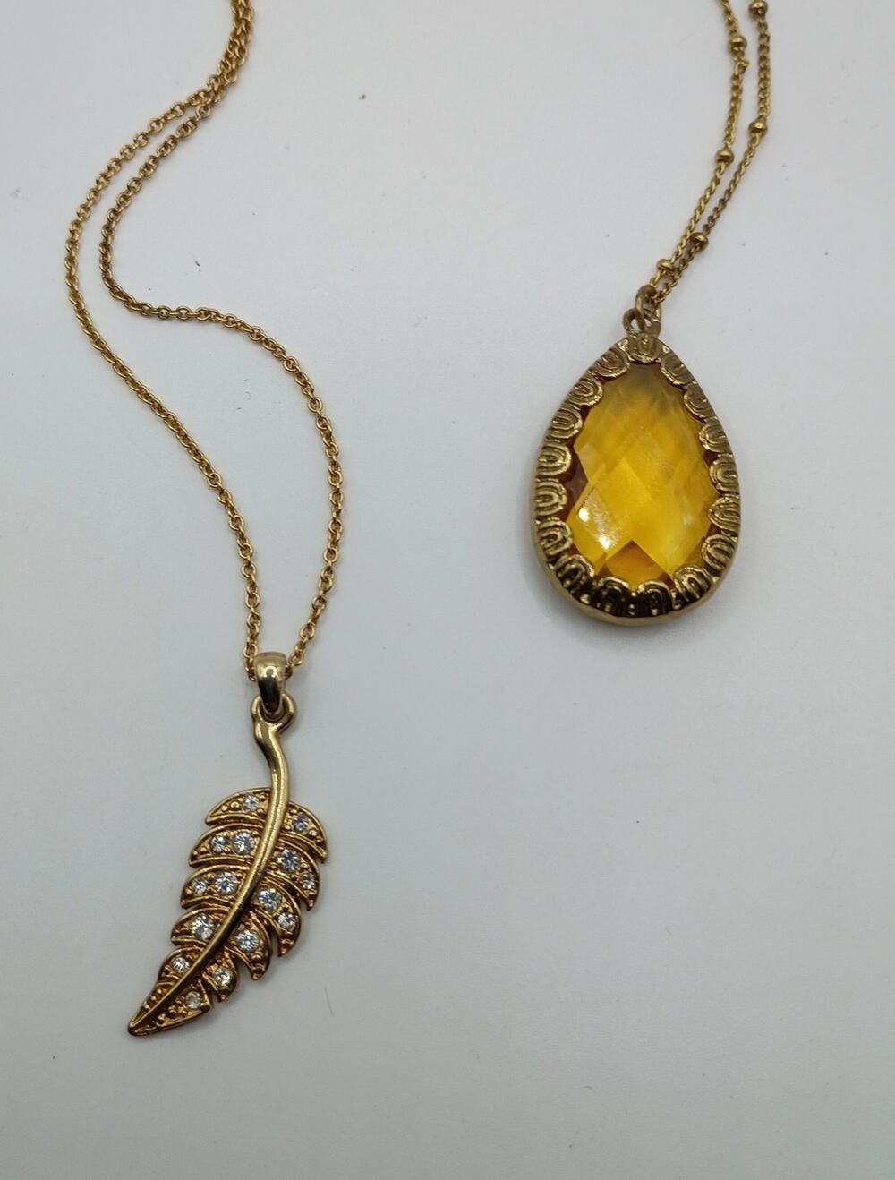 Two Gold Tone Fall Necklaces – Leaf & Amber Teardrop Pendants